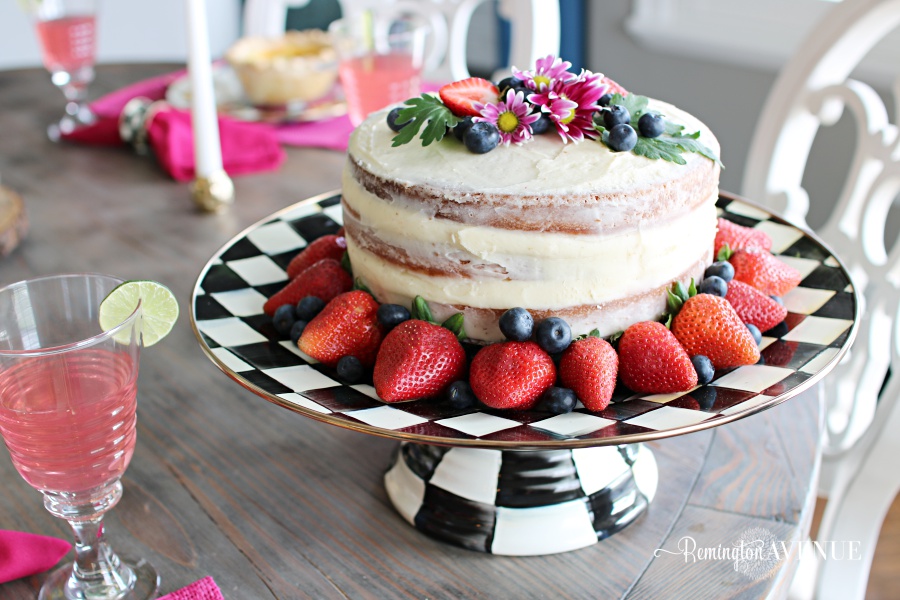 Floral and Citrus Summer Brunch Table, checkered cake stand, naked cake ideas, summer dessert