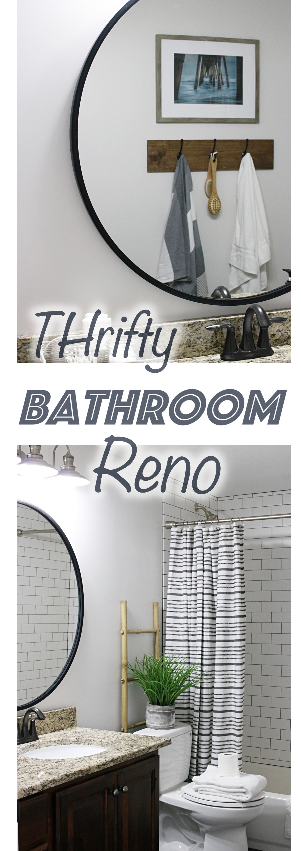 Thrifty bathroom renovation, bathroom decor, bathroom reno, subway tile, hex tile, black tile, budget friendly bathroom reveal