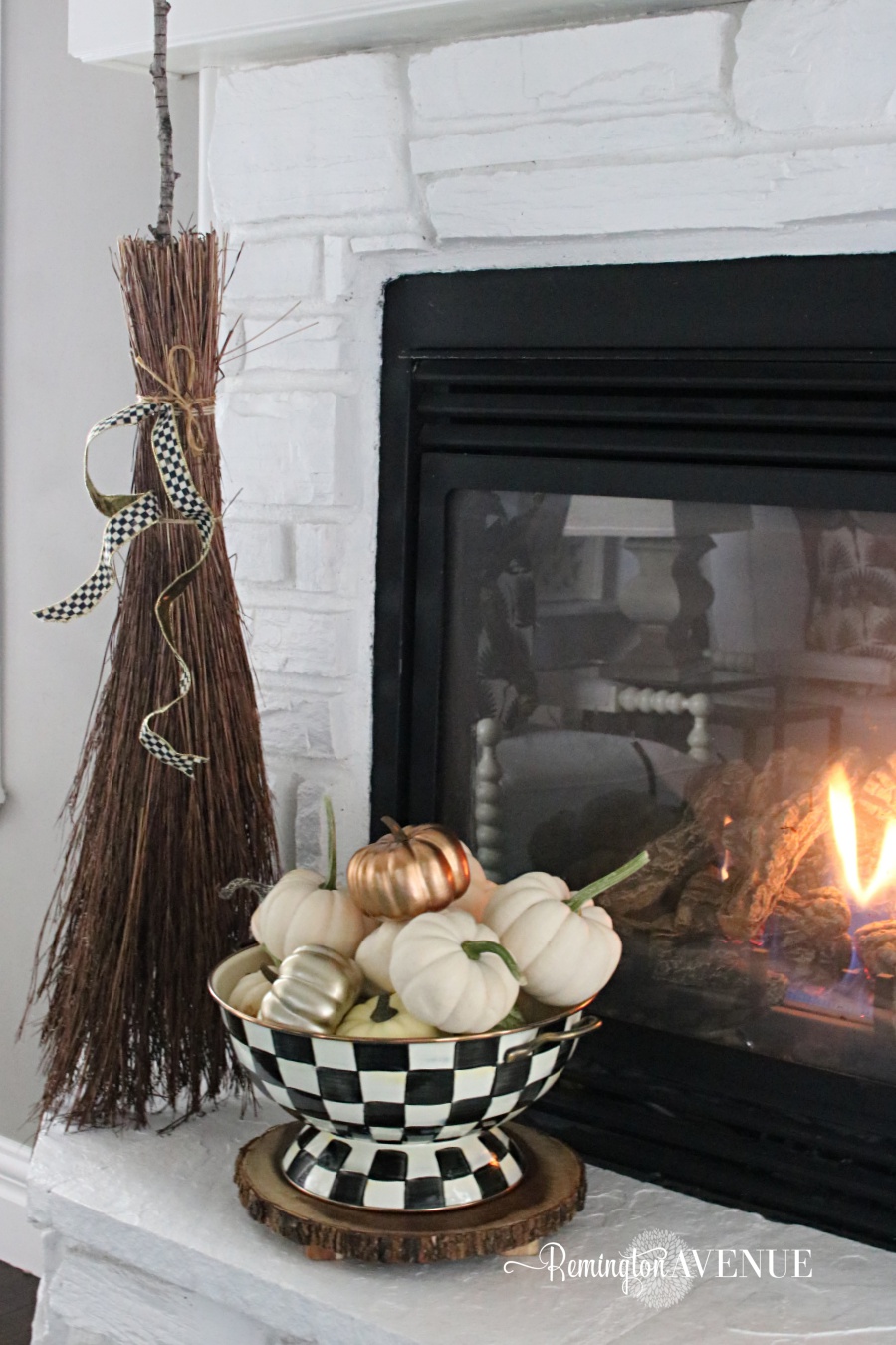 black and white spooky Halloween mantel