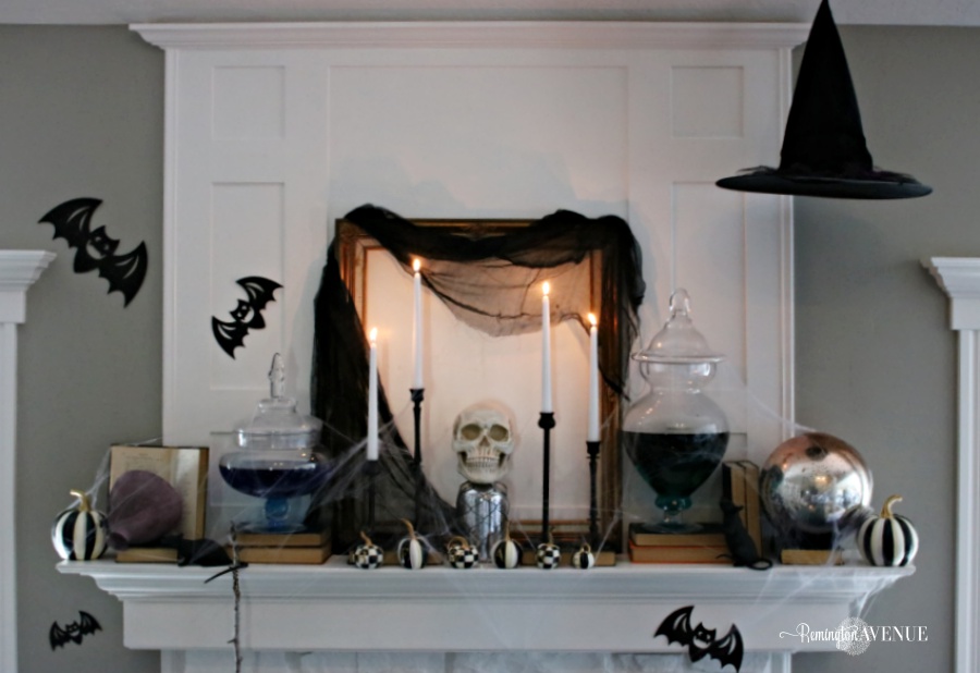 black and white spooky Halloween mantel
