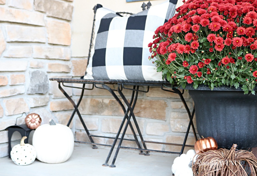 copper & jewel toned fall front porch with bold black and white patterns