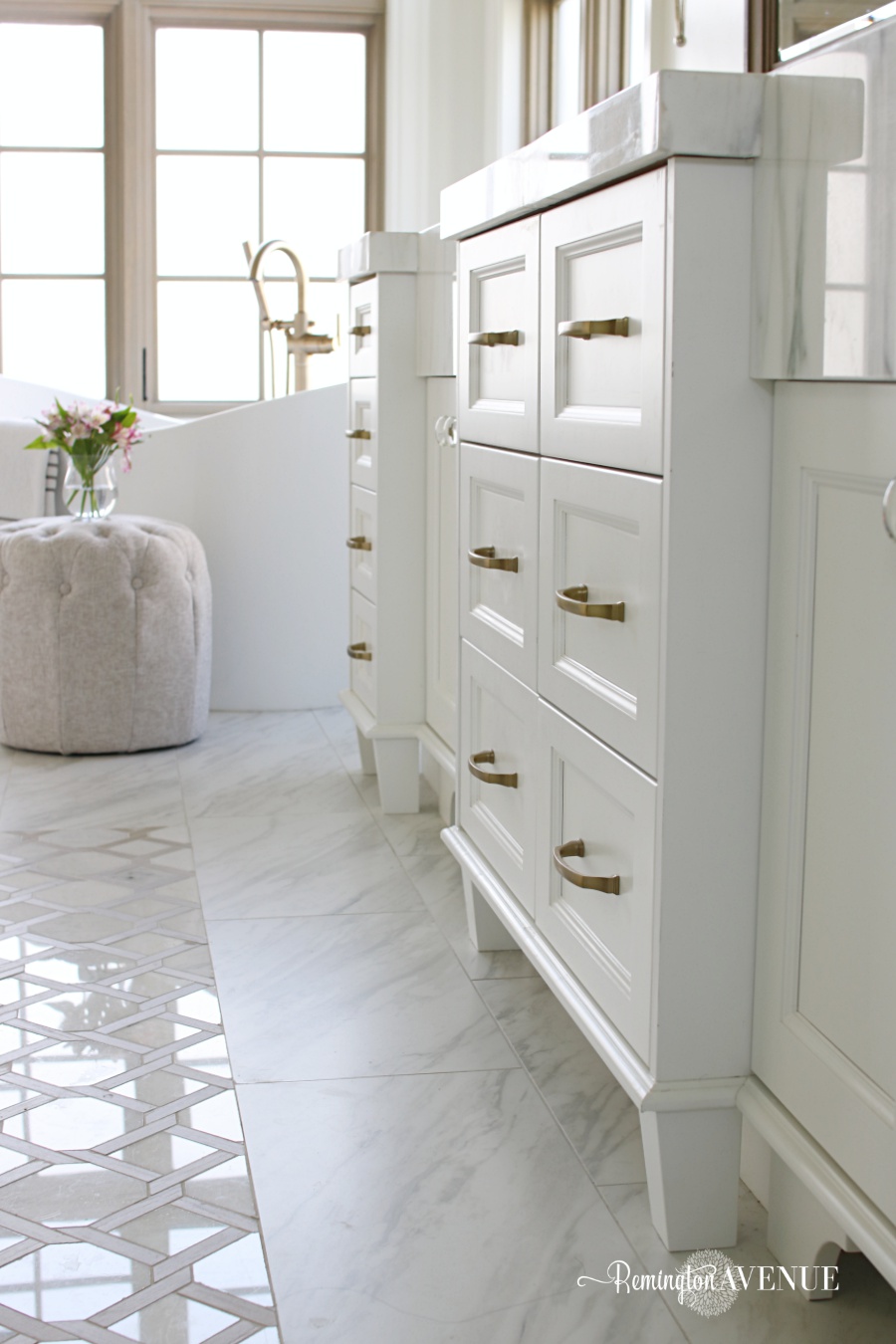 marble master bathroom with wood lattic inlay 