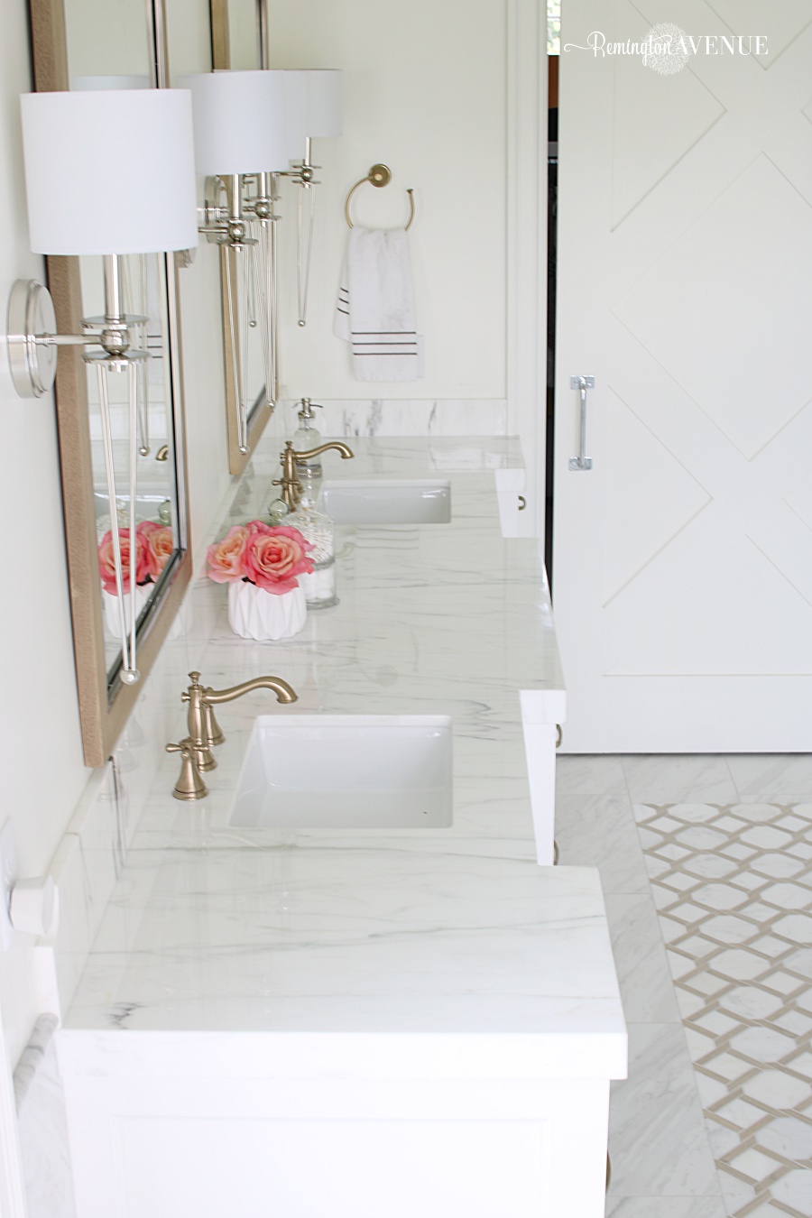 marble master bathroom with wood lattic inlay 