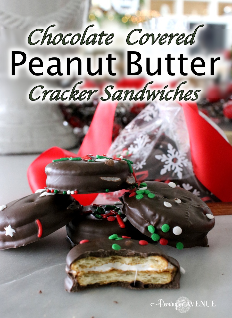 Chocolate Covered Marshmellow Ritz Crackers with candy cane sprinkles
