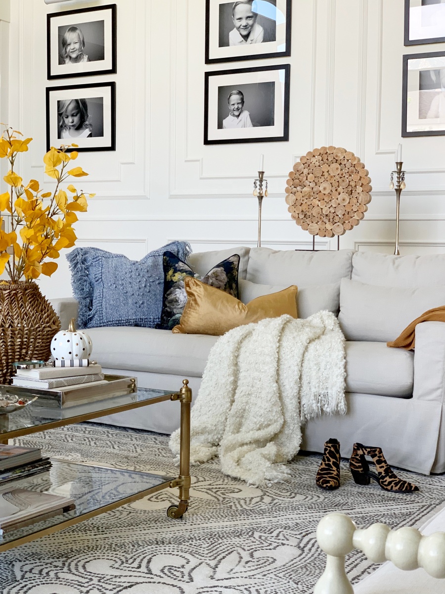 fall decorating with blues and golds
