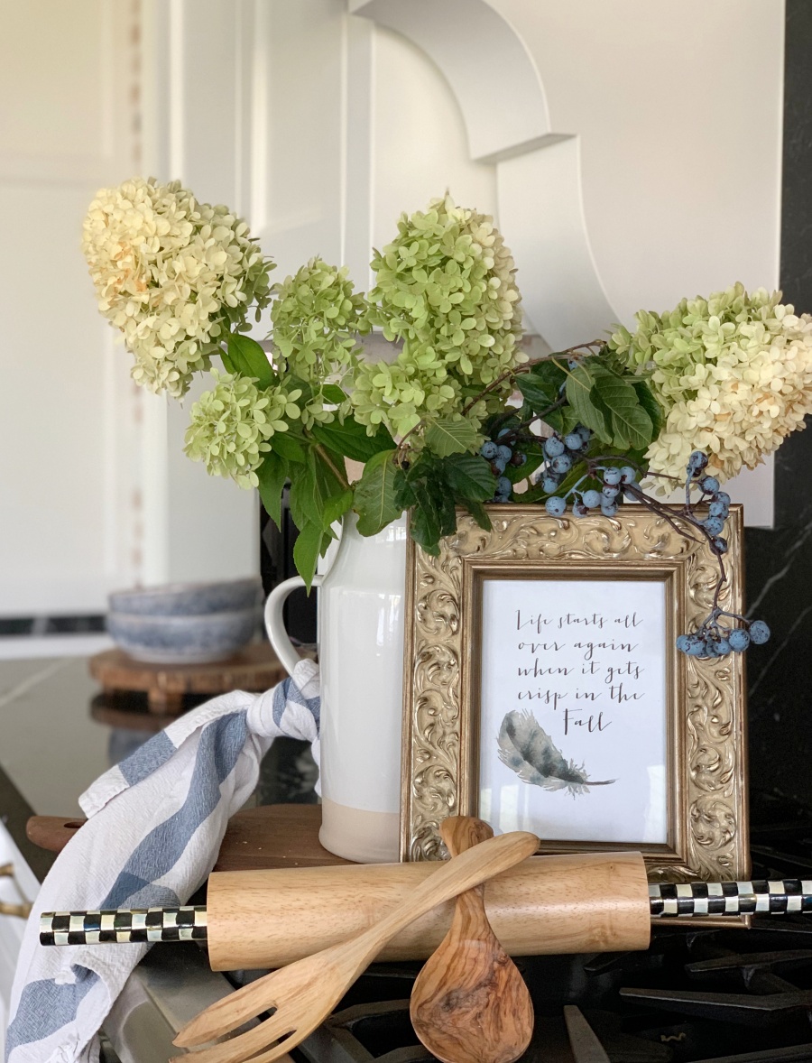 fall decorating with blues and golds - kitchen styling