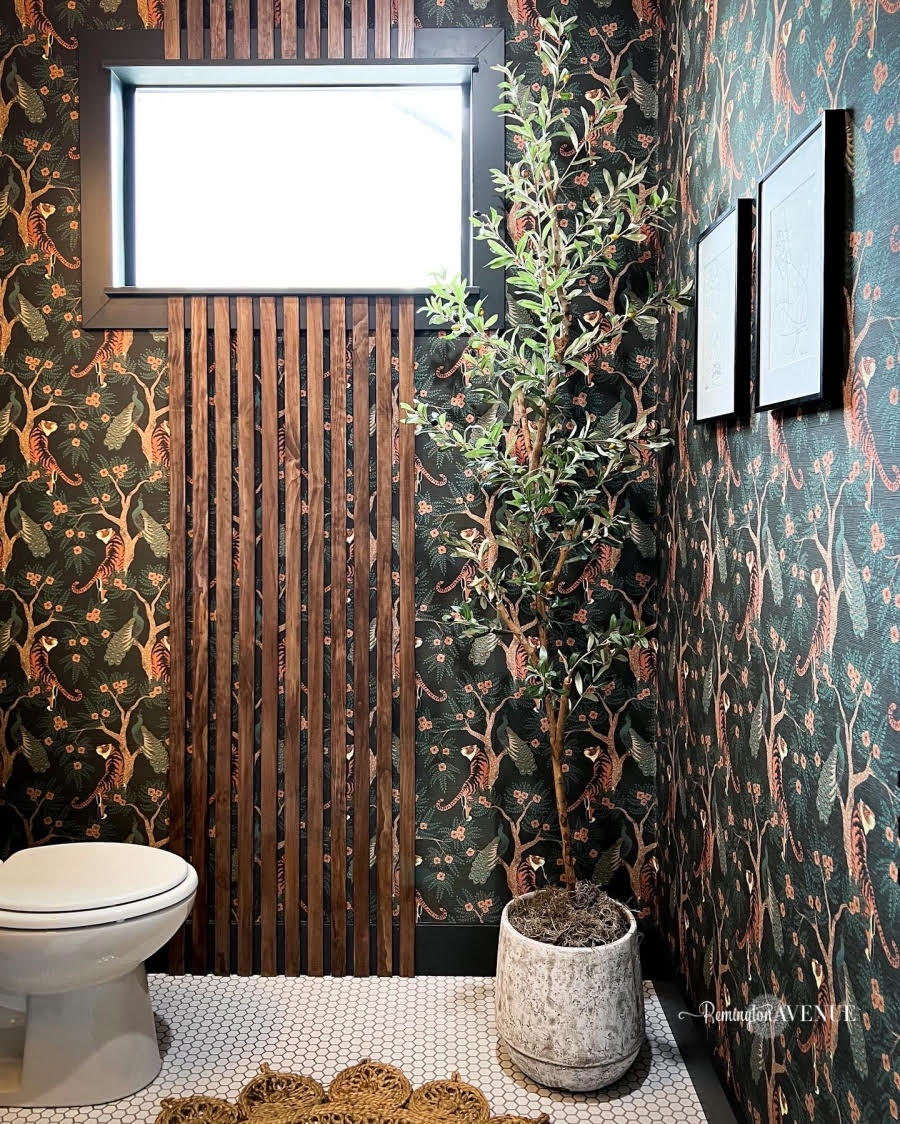 Black Bathroom Grasscloth with Brass Sconces  Transitional  Bathroom