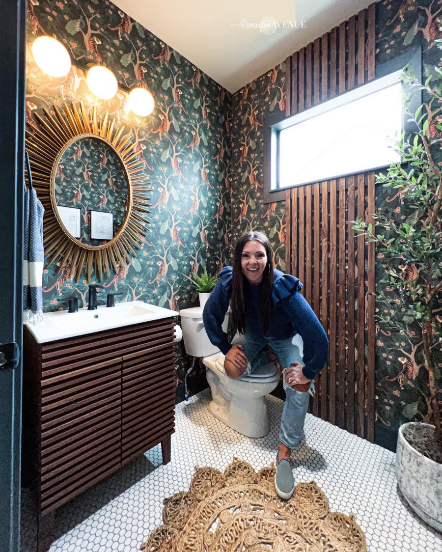 Moody Bathroom With Grasscloth Wallpaper - Remington Avenue