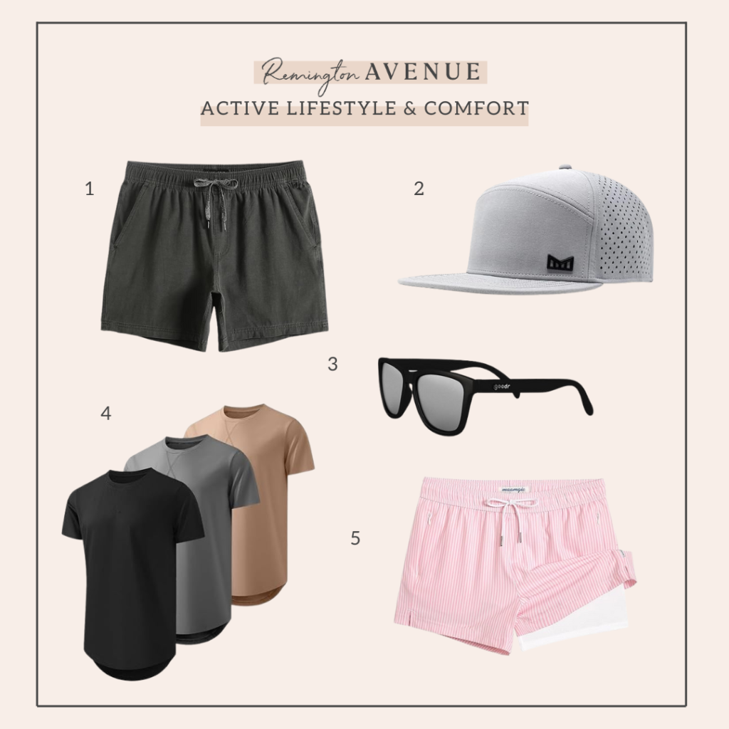 Dad's active lifestyle & comfort: Men's Shorts, Melin Snapback Hat, Goodr Sunglasses, 3-Pack T-Shirt, Swim Trunks